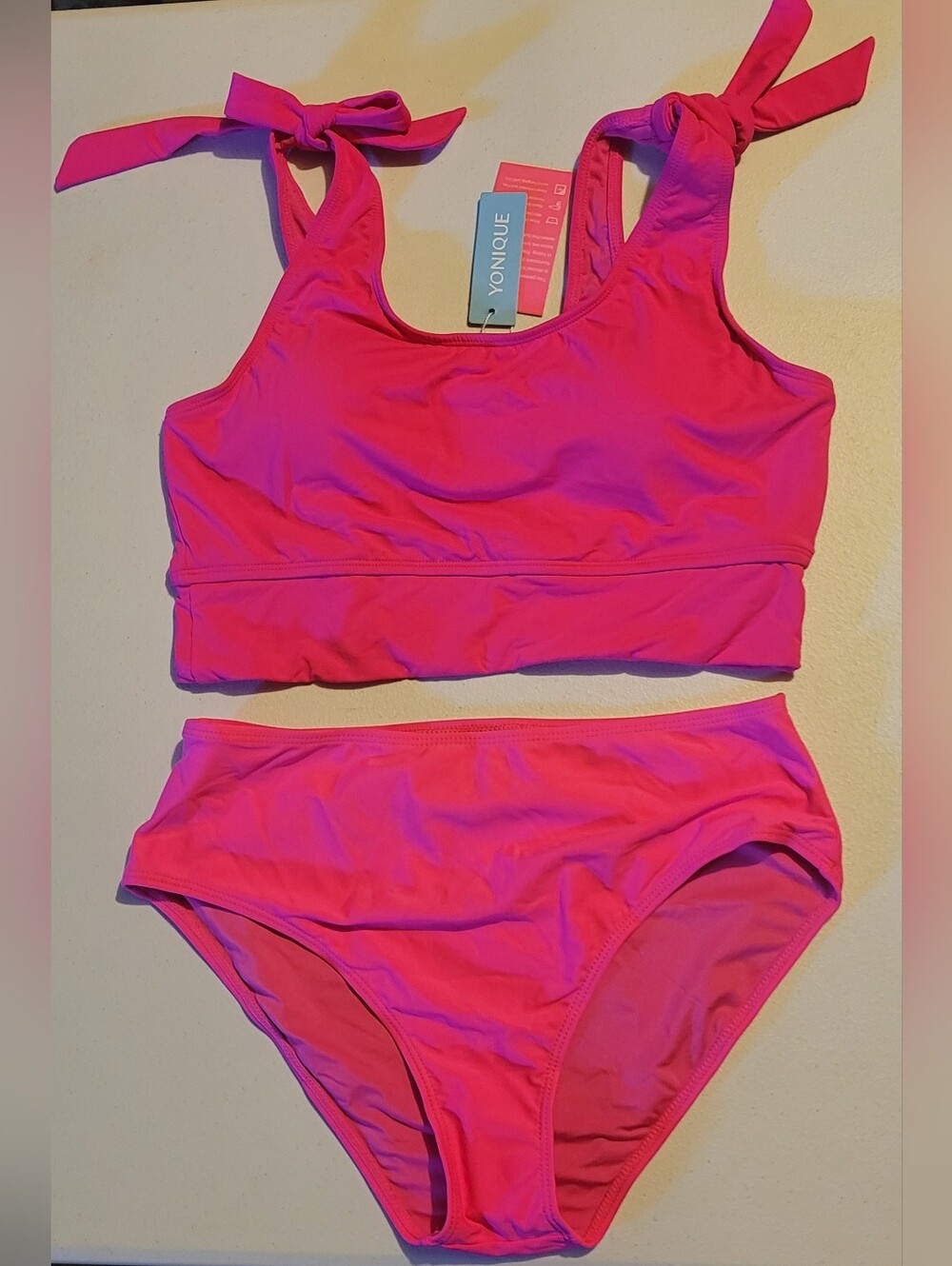 Yonique Bright Pink Tie-Shoulder Bikini Set, M